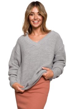 BK075 Sweter z dekoltem w serek - szary