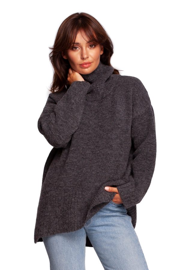 BK086 Sweter z golfem i rozcięciem z tyłu - grafitowy z wełną ❤