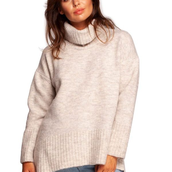BK086 Sweter z golfem i rozcięciem z tyłu - kość słoniowa z wełną ❤