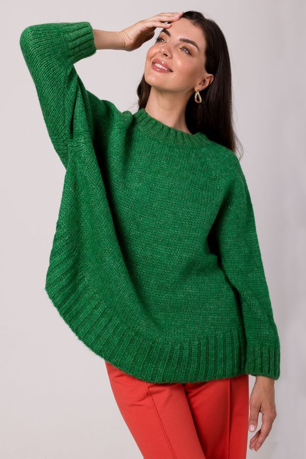 BK105 Sweter z nietoperzowymi rękawami - szamaragdowy z wełną ❤