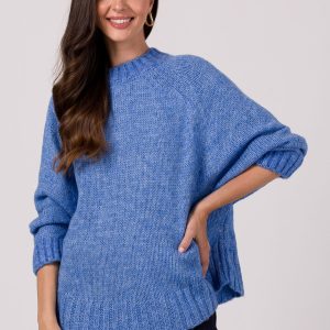BK105 Sweter z nietoperzowymi rękawami - lazurowy z wełną ❤